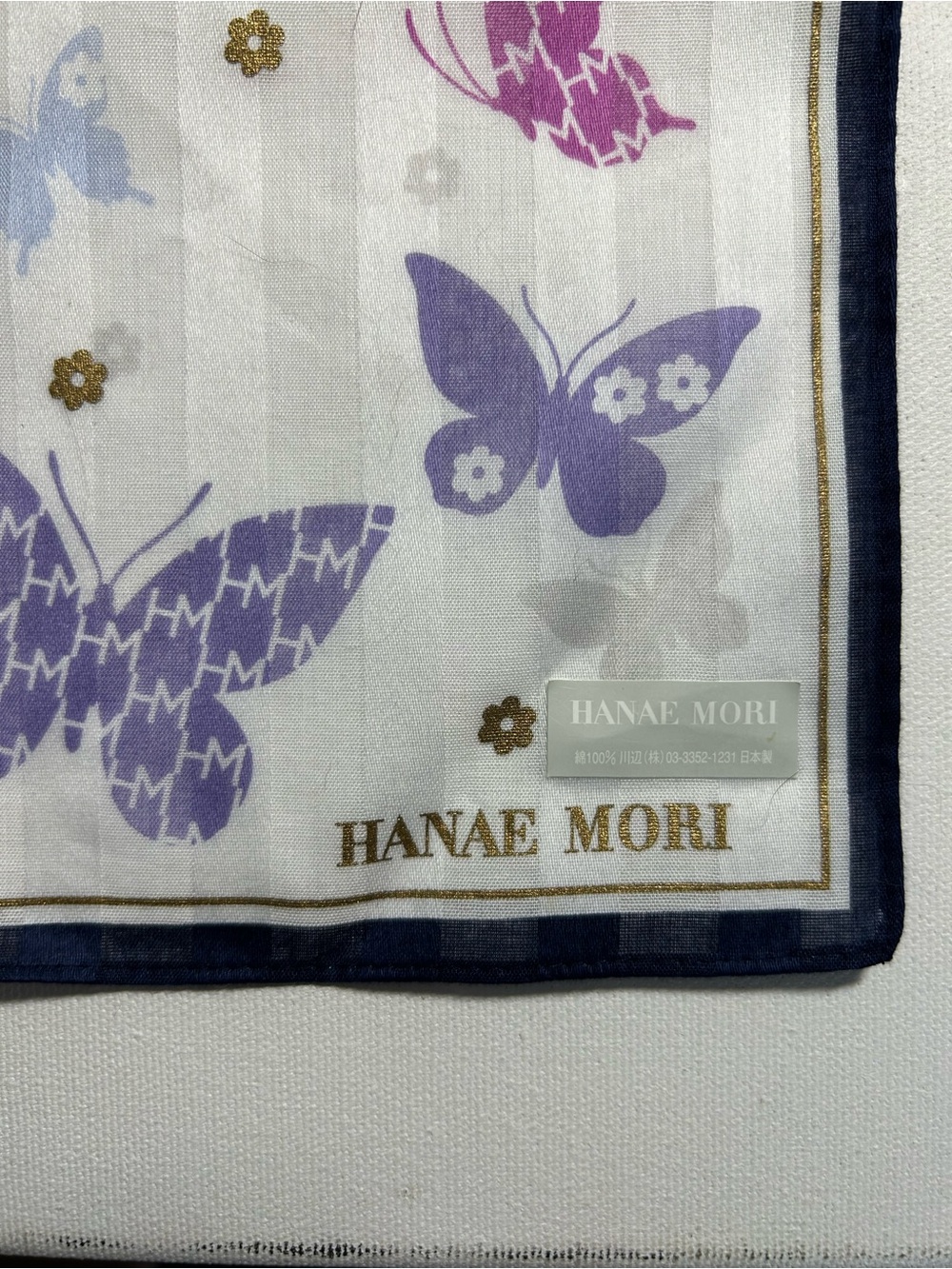 HANAE MORI Butterfly Print Silk Scarf in White & Lavender